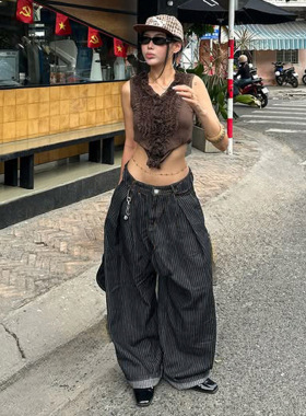 美式个性复古黑色条纹牛仔裤宽松阔腿长裤休闲街头辣妹低腰小脚裤