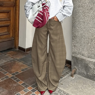 2026春季新款小众设计感美式格子弯刀裤女休闲宽松显瘦休闲裤
