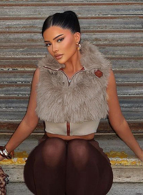 c25tp258欧美秋冬新款时尚无袖毛绒拉链开衫金属皮扣露脐上衣