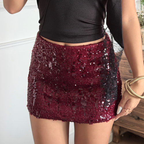 Y2K街头小众设计红色亮片拼接低腰显瘦半身裙辣妹BlingBling短裙
