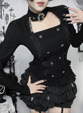 XS25321新款骑士少女Lolita上衣  亚文化暗黑镂空网纱长袖打底衫