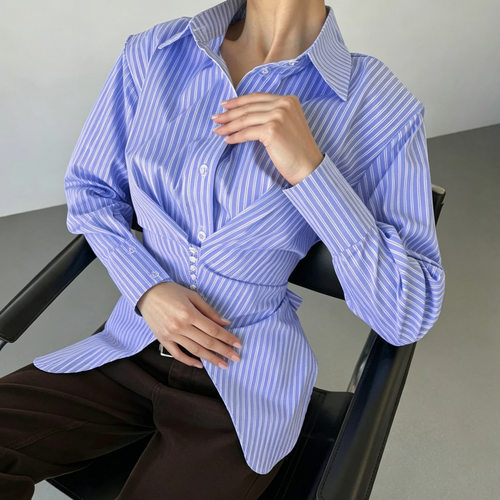 美式修身长袖收腰不规则条纹衬衫女2026设计感通勤上衣