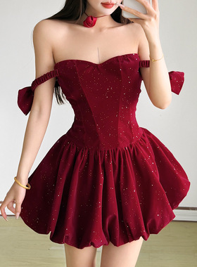 欧美风2025冬季新款女装一字肩亮片蓬蓬收腰显瘦派对连衣裙