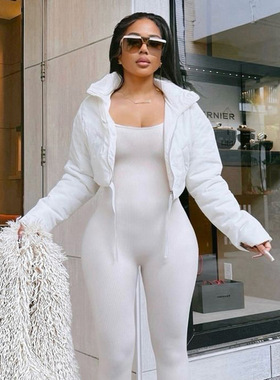 j25tp285欧美女装秋冬新款纯色休闲修身拉链口袋棉服外套