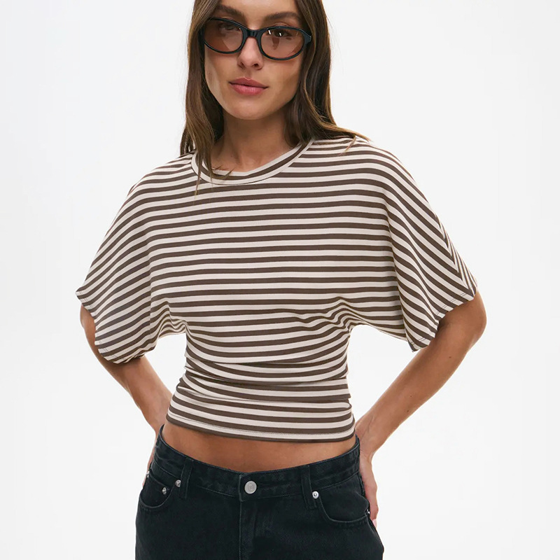 q25tp400欧美新款女装百搭条纹印花收腰修身圆领中袖t恤上衣