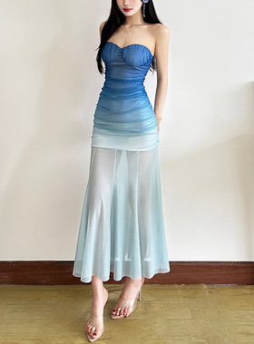 欧美风2025夏季新款女装渐变仙女风褶皱鱼尾裙摆无肩带连衣裙