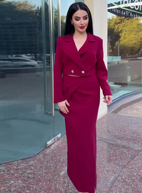 2025年新款女装欧美外贸气质通勤修身红色时尚气质套装