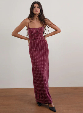 yj24587吊带性感露背红色波点连衣裙女 法式修身时尚吊带长裙