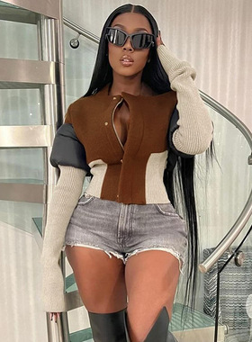 m23tp672欧美风2024秋冬棉服修身保暖拼接外套夹克女百搭上衣