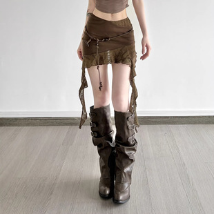 复古美拉德风格 荷叶边拼接不规则短裙编绳串珠系带设计感辣妹短裙