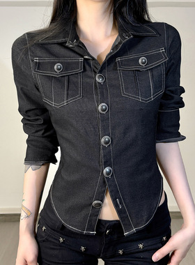 新款复古黑色仿牛仔明线设计纽扣开衫辣妹个性翻领衬衫外套女