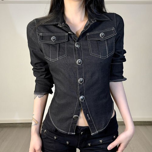 新款复古黑色仿牛仔明线设计纽扣开衫辣妹个性翻领衬衫外套女