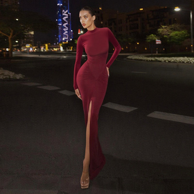 jy25482 欧美秋冬女装半高领性感长袖收腰修身包臀开叉连衣裙