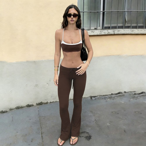 运动风拼色假两件mini背心低腰系带弹力微喇长裤套装欧美辣妹女装