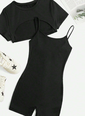 欧美辣妹吊带连体裤时尚套装短款上衣黑色包臀裤两件套