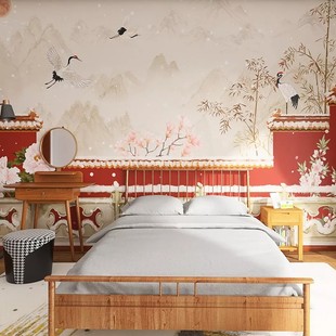 中式山水故宫红墙纸饭店餐厅剧本杀国潮古风换装馆推理馆装修壁纸