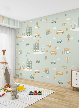 小清新绿色护眼壁布小汽车儿童房墙纸现代简约卧室床头背景墙壁纸
