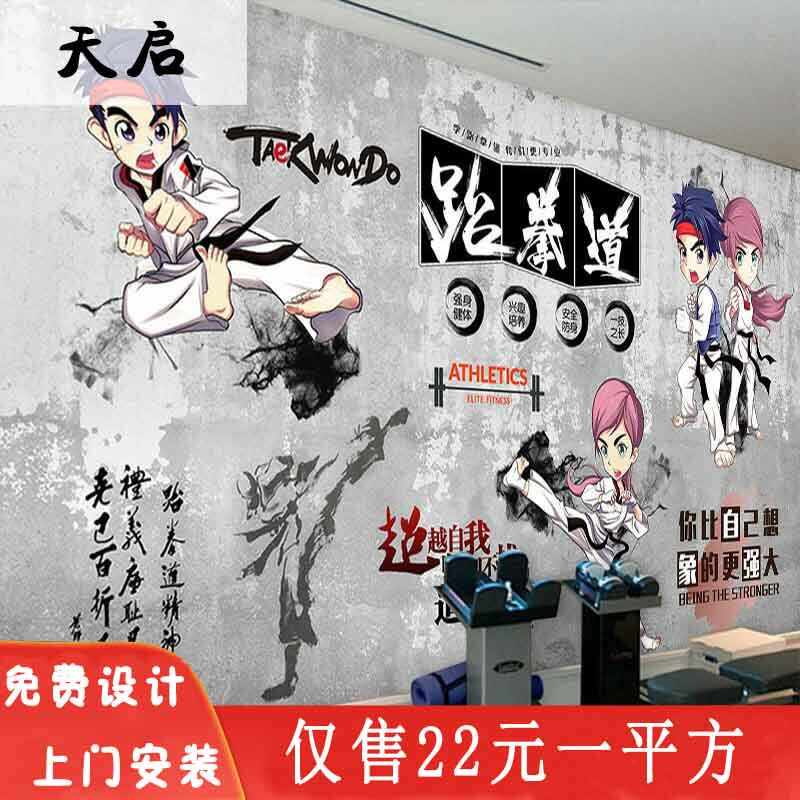 少儿跆拳道培训班3d卡通背景墙纸装修武术馆道馆装饰文化壁纸壁画