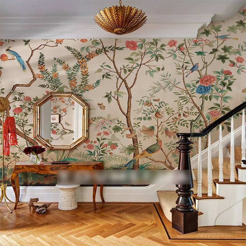 墙布定制中式花鸟电视背景墙壁纸美式客厅墙纸卧室床头无纺布壁画