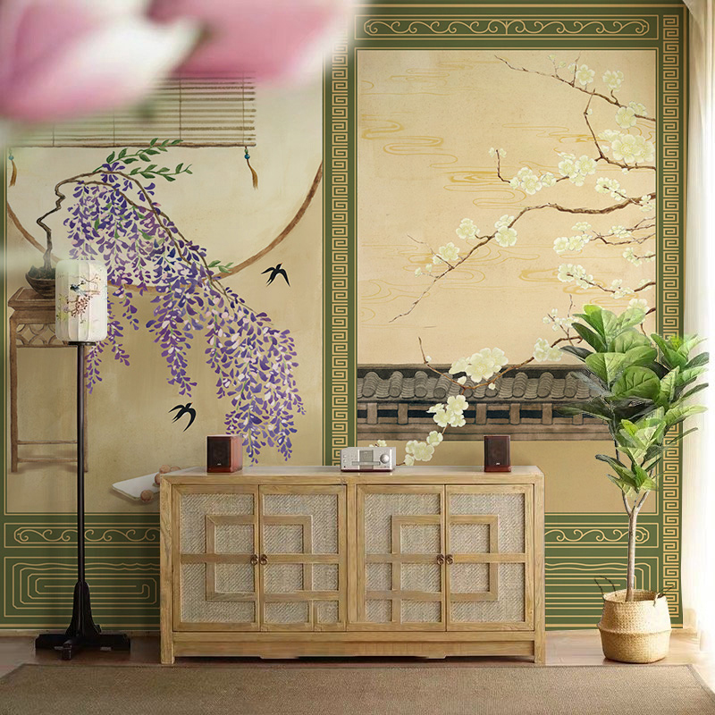 中式花鸟壁纸背景墙纸墙布无纺布卧室客厅电视背景墙定制壁画