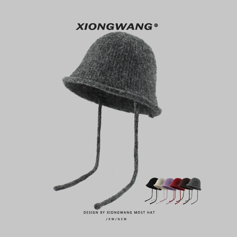 甜美女生系带盆帽秋冬针织保暖