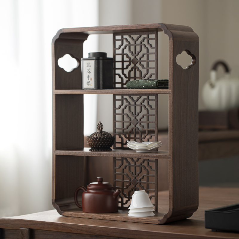 黑胡桃木实木桌面收纳架茶室台面茶杯茶具置物架茶壶展示架博古架