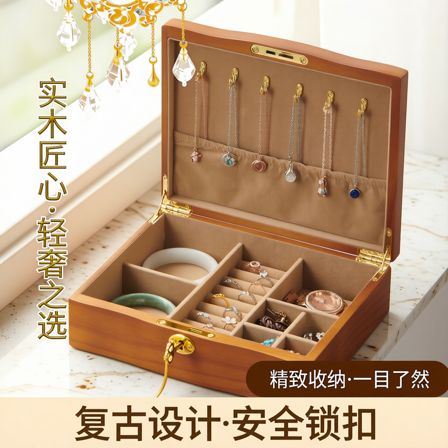 实木制首饰盒收纳盒带锁高档精致耳环项链戒指复古轻奢珠宝饰品盒