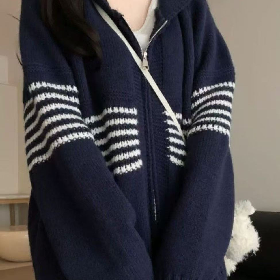 复古连帽拉链针织开衫女