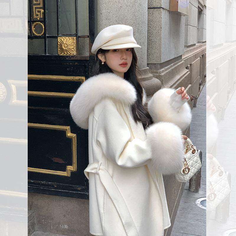白色大狐狸毛领双面羊绒大衣女2025秋冬新款连帽小个子羊毛呢外套