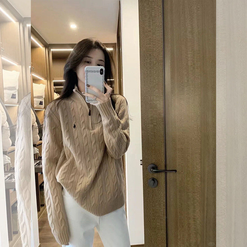 复古半拉链刺绣宽松针织衫女秋冬慵懒高级感保暖毛衣复古气质上衣