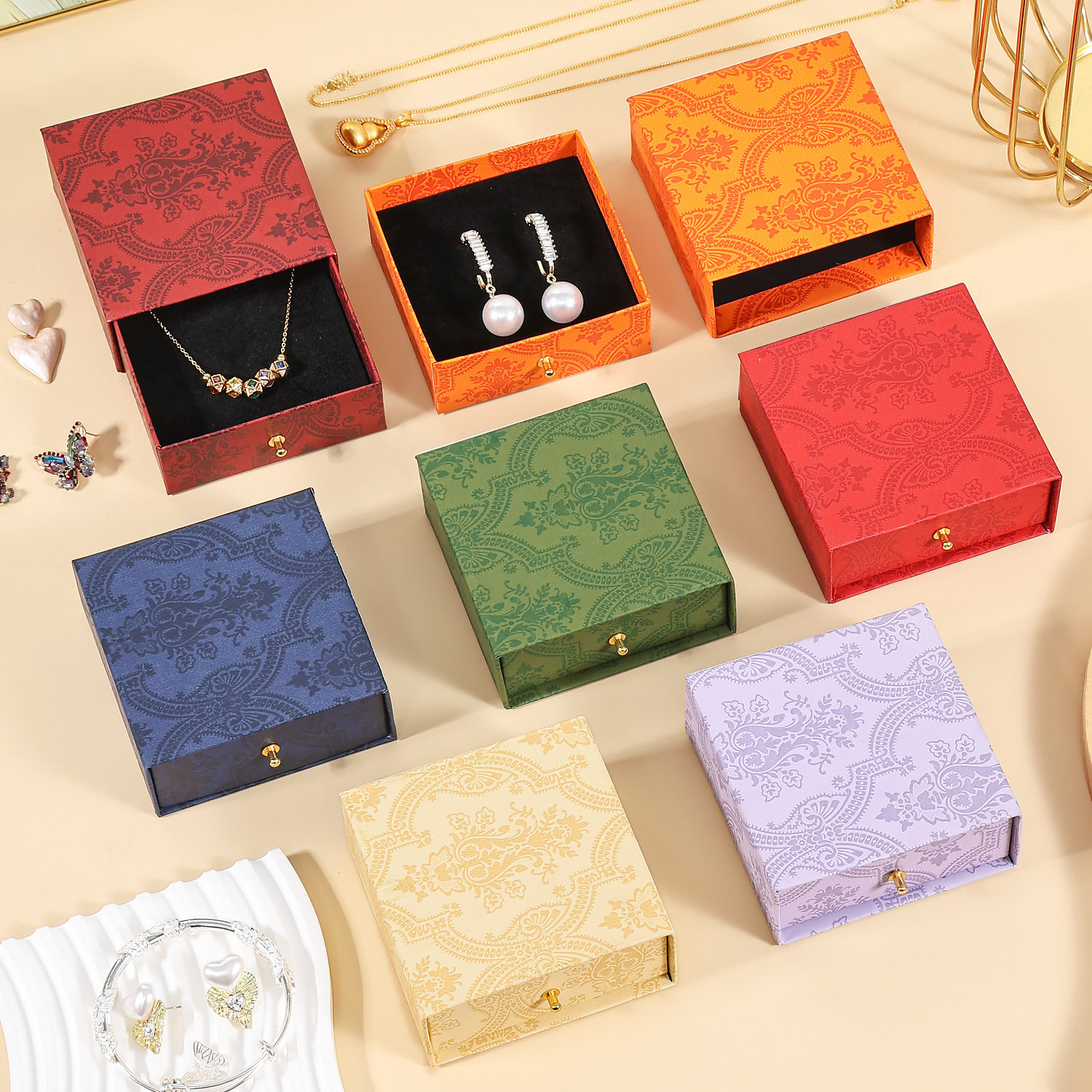 轻奢花纹复古水晶首饰抽拉包装盒手串项链耳钉礼品抽屉盒印LOGO,包装,首饰包装,淘宝优惠券,粉丝福利购,淘宝优惠卷
