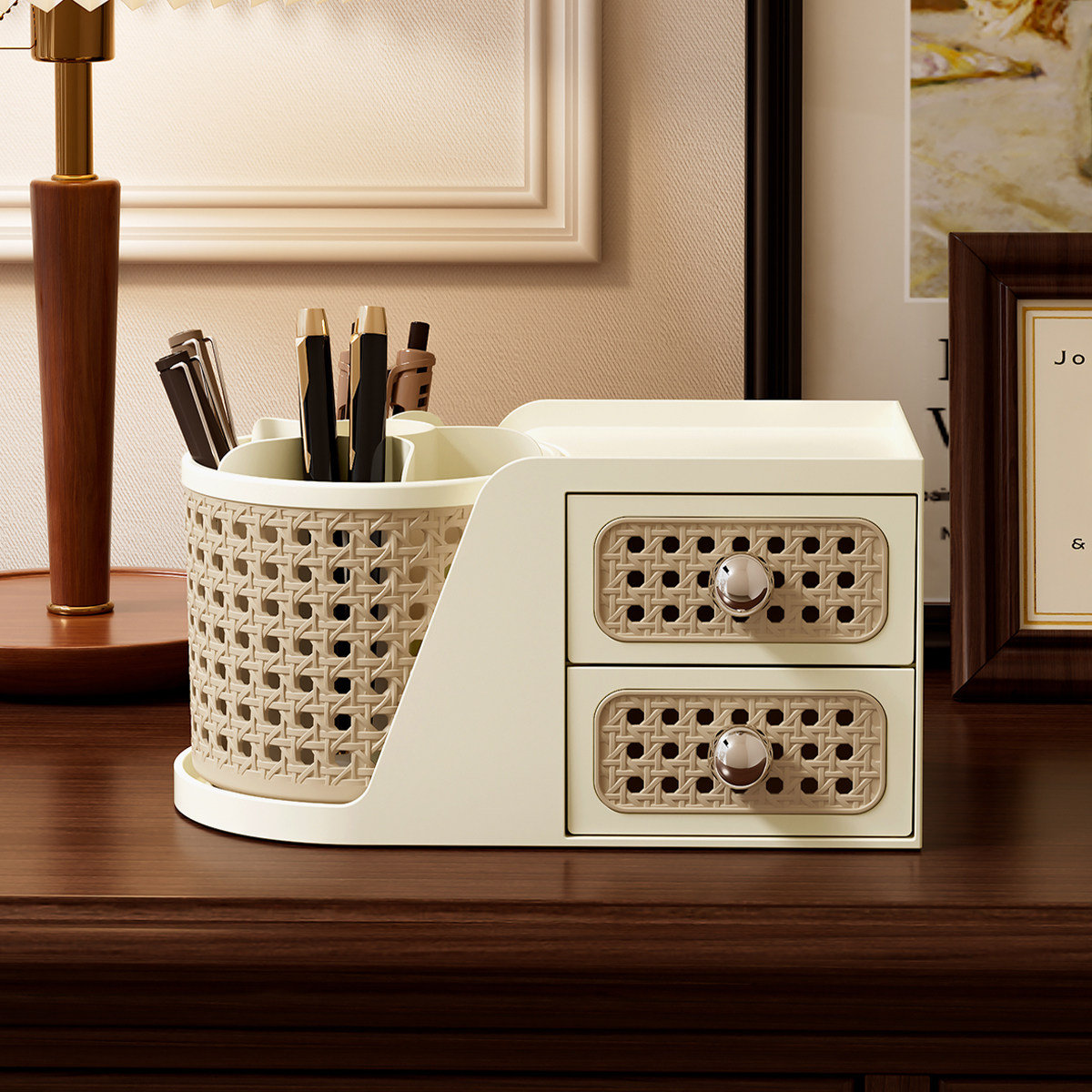 中古风创意旋转笔筒小型收纳盒学生书桌文具桌面收纳置物架带抽屉,收纳整理,文具收纳盒,淘宝优惠券,粉丝福利购,淘宝优惠卷