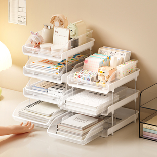 学生桌面书架置物架书本A4学习资料文件收纳架抽拉透明多层收纳盒
