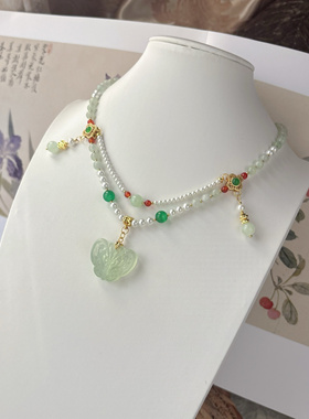 岫玉蝴蝶春季古风汉服坦领璎珞项链绿色清新华丽双层吊坠锁骨链女