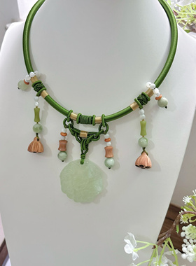 国风夏季岫玉圆牌莲子吊坠无金属项圈璎珞汉服马面裙古风中式项链