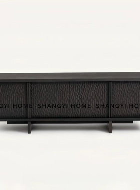 中古复古设计师创意黑色雕刻实木餐边柜家用侘寂风锤纹艺术玄关柜