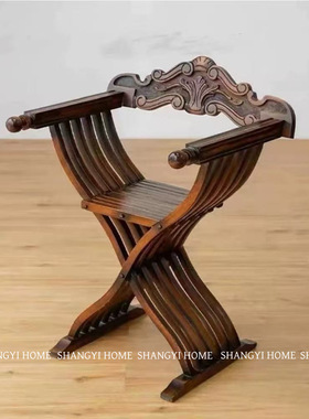 法式复古雕花中式实木休闲但丁椅中古风古典设计师个性创意餐椅