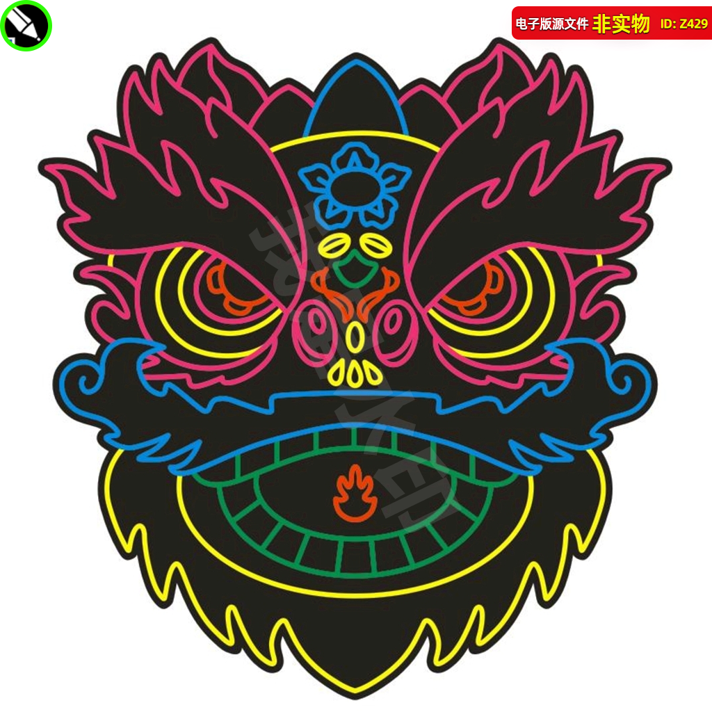 舞狮霓虹灯狮子头霓虹灯舞狮线稿设计国潮卡通手绘cdr素材模板
