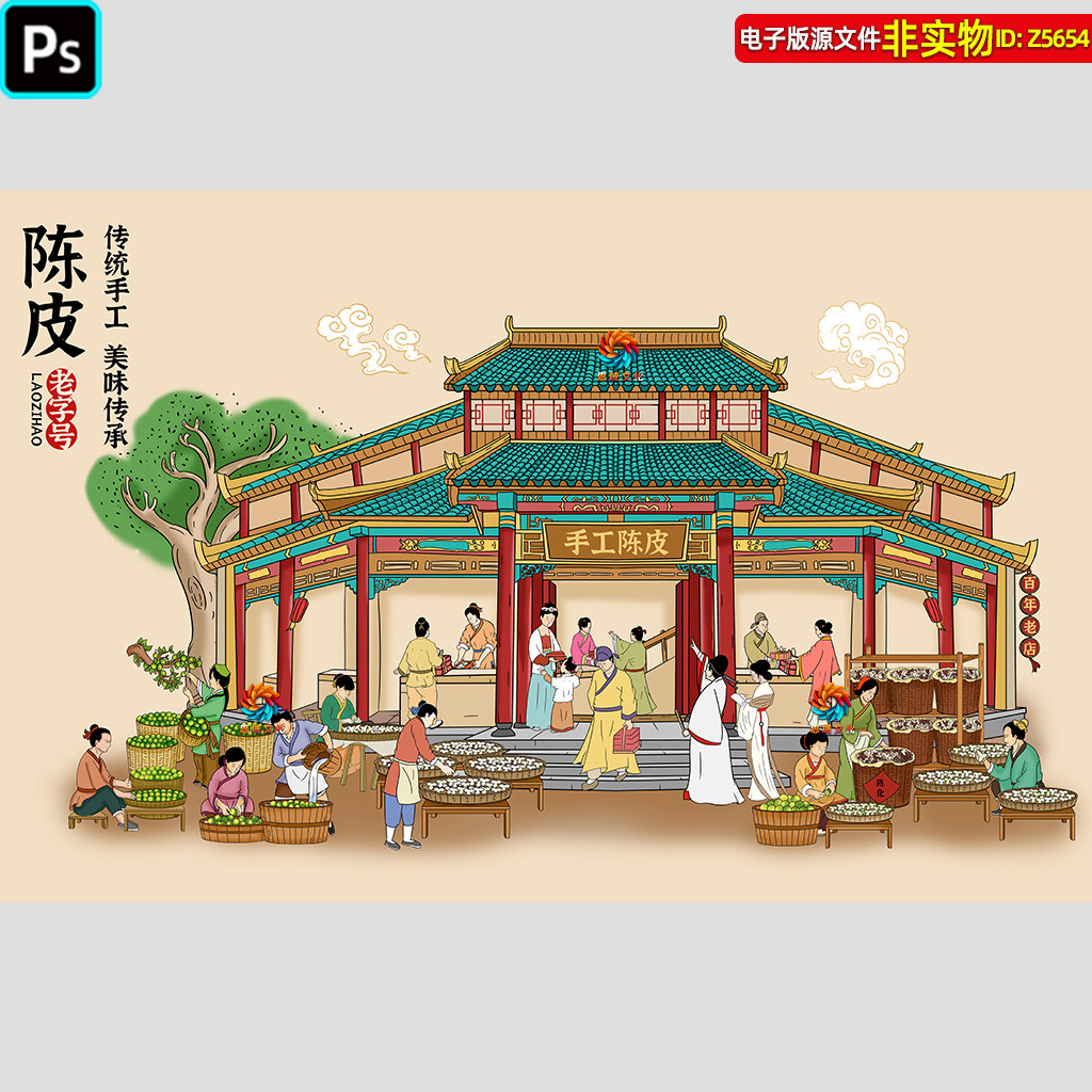 手工陈皮古代商铺街景图传统手工陈皮制作流程图装饰画背景墙素材