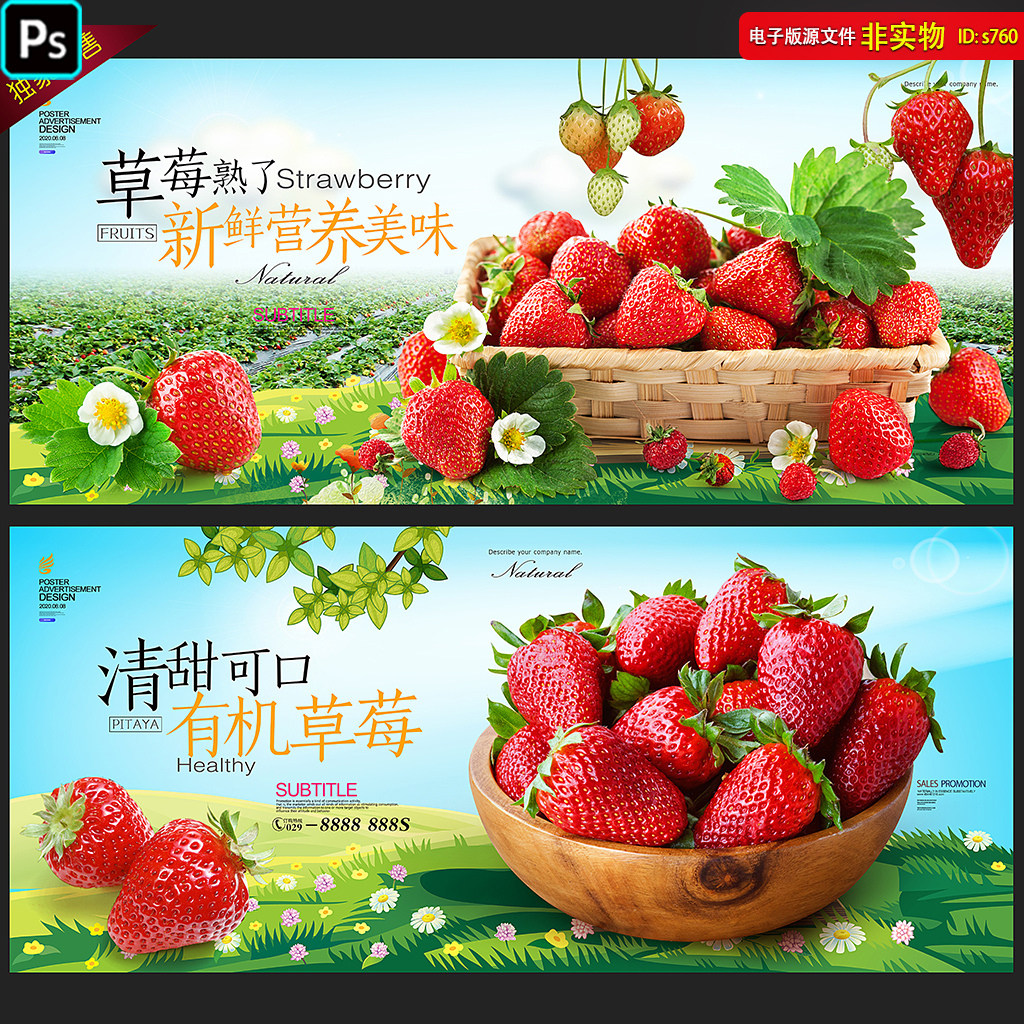 草莓园采摘草莓海报水果店新鲜草莓灯箱草莓批发草莓种植图PS素材