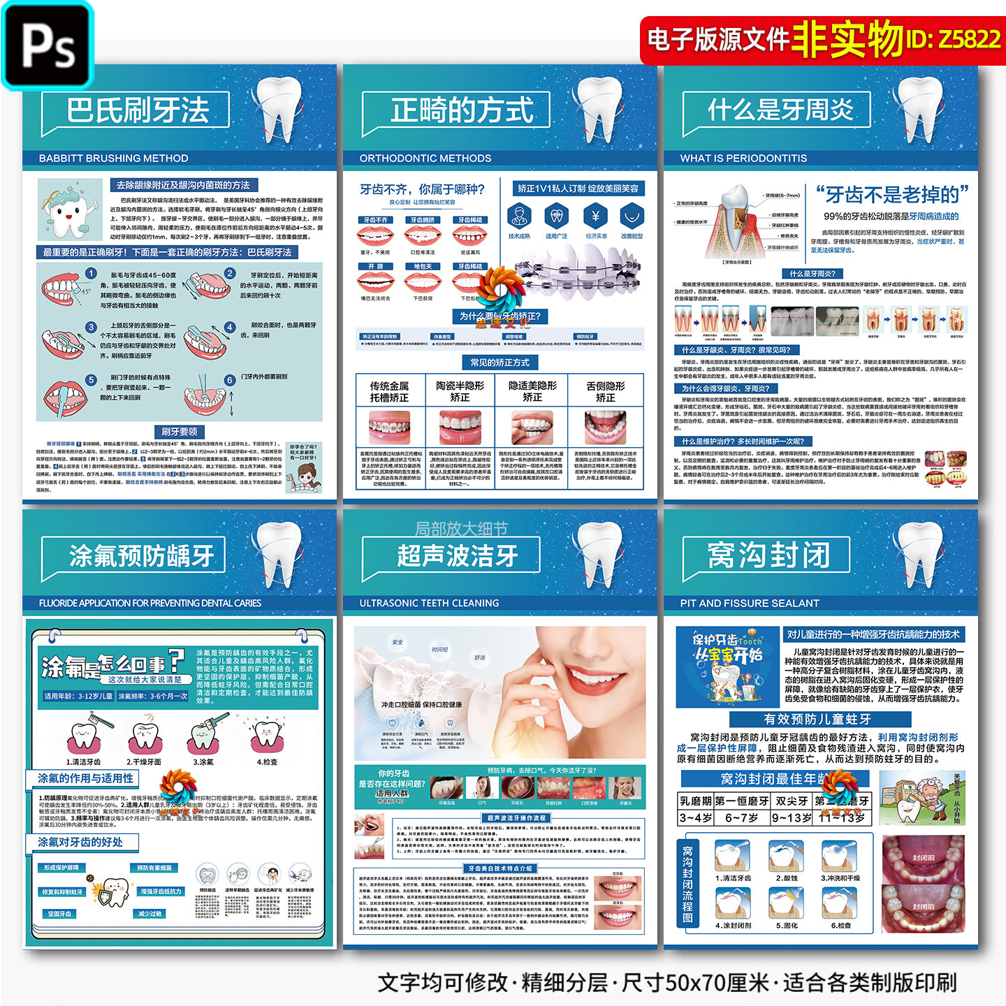 牙科装饰画口腔医院诊所挂图海报巴氏刷牙窝沟封闭正畸牙周炎素材