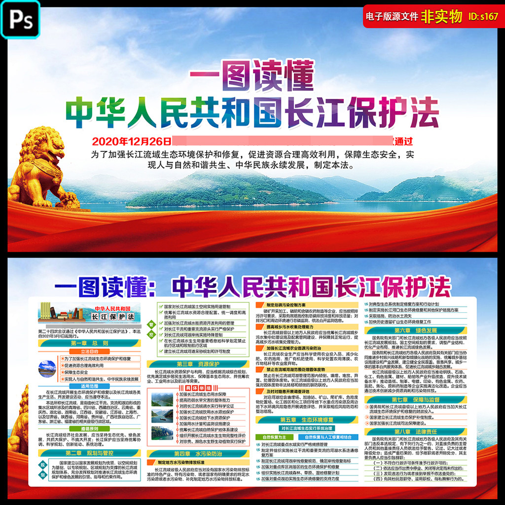 长江保护法展板宣传栏板报生态水保护重点解读环境保护PS素材模板