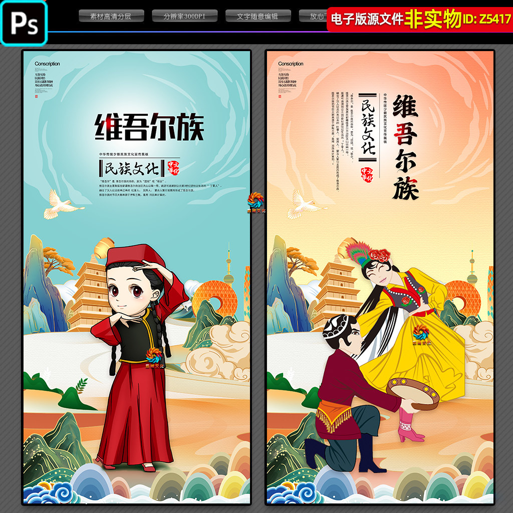 维吾尔族海报展板少数民族文化民俗服饰卡通人物维吾尔族灯箱素材