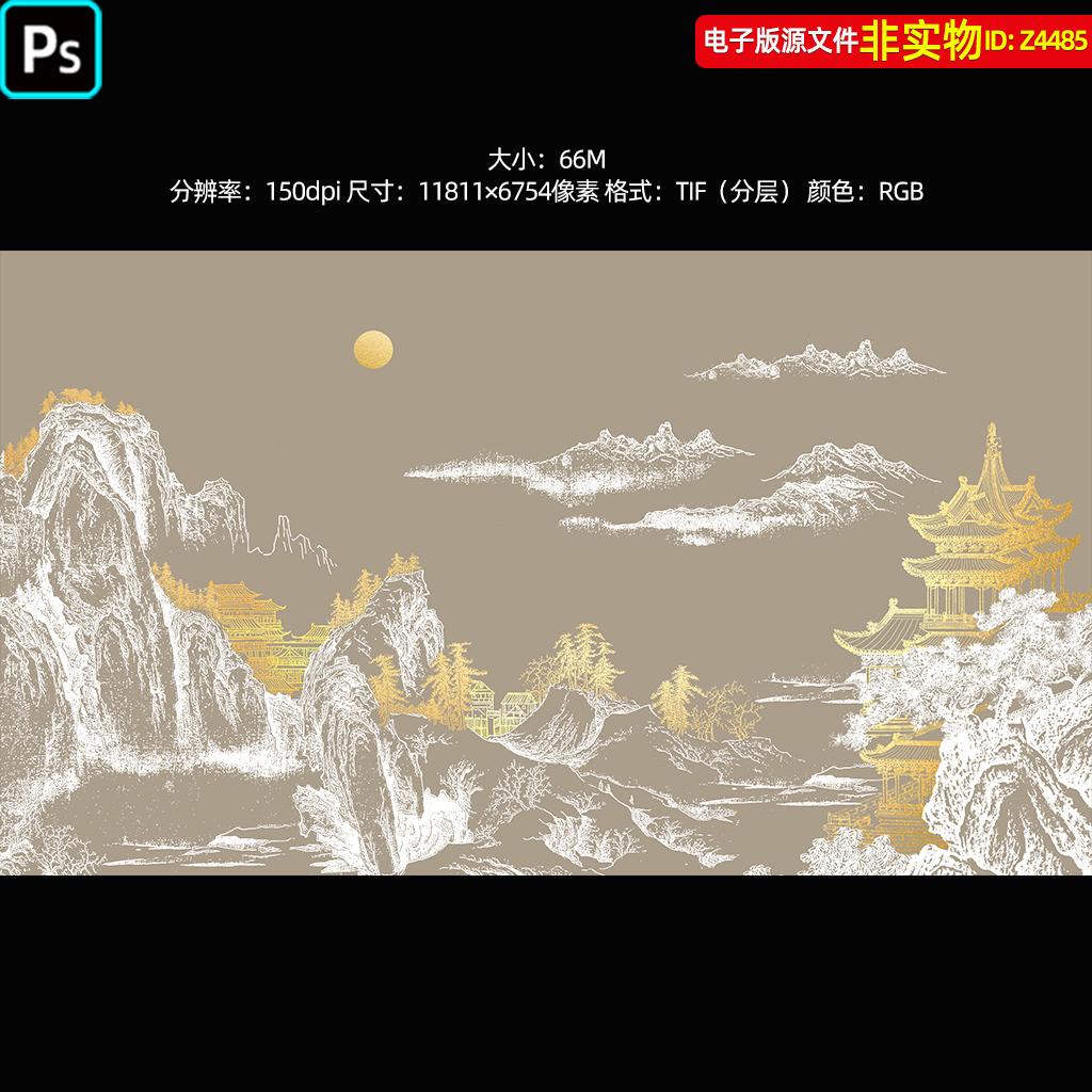 新中式金色浮雕装饰画金箔线条楼阁背景墙肌理画挂画酒店壁画素材