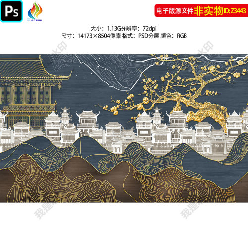 新中式金色浮雕线条雕刻古建筑背景墙壁画亭台楼阁线描装饰画素材