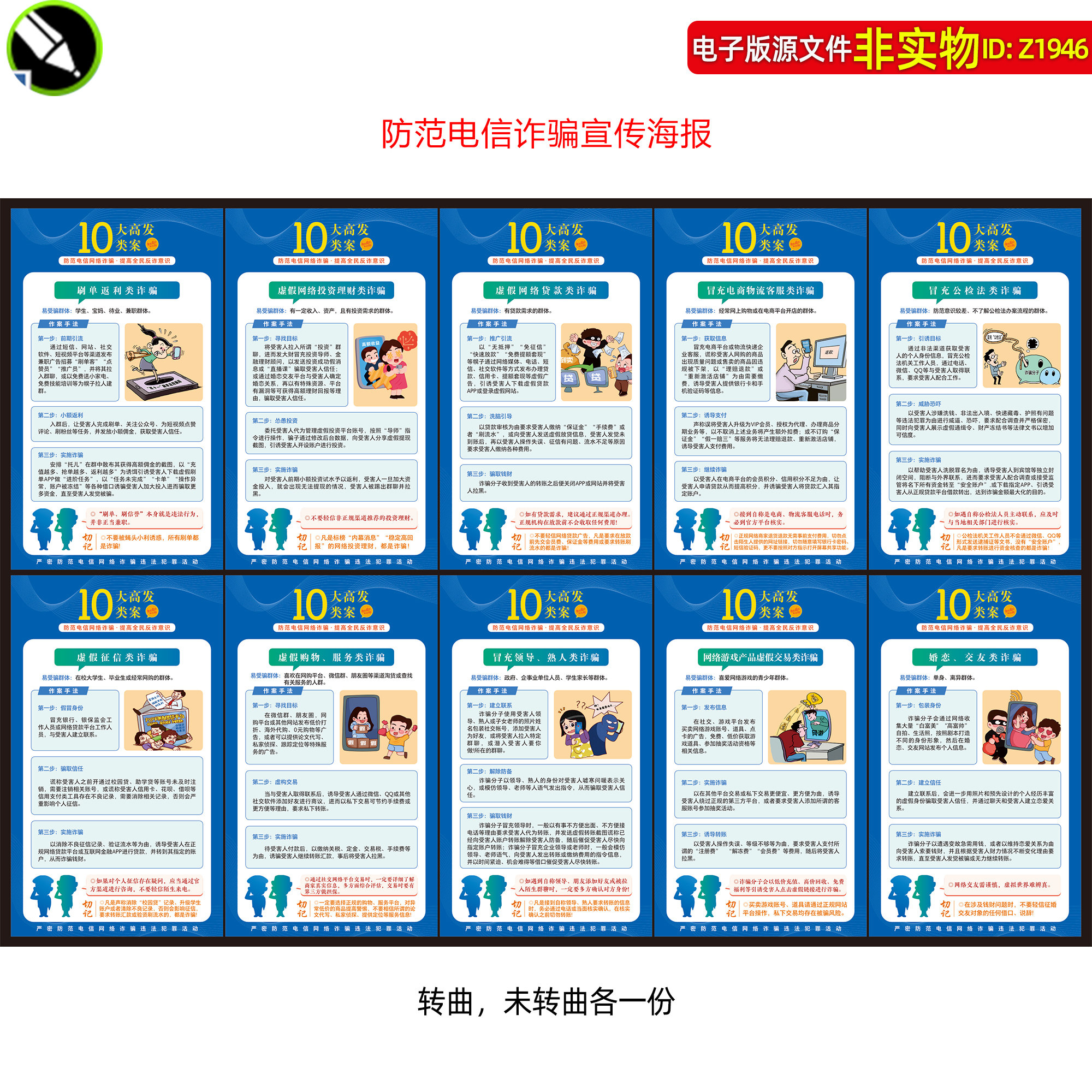 防范电信网络诈骗十大高发案例电信诈骗漫画手册展架宣传海报素材