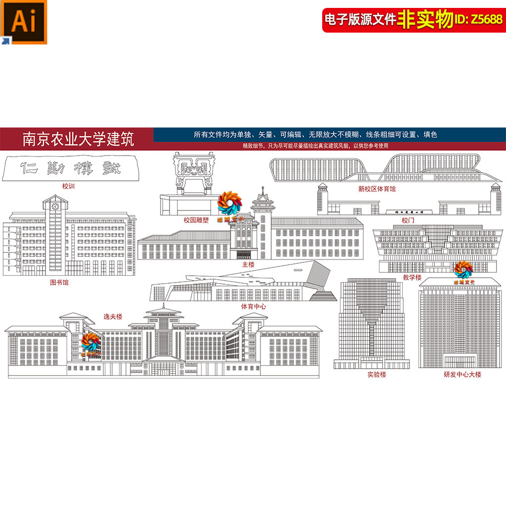 南京农业大学地标建筑矢量剪影线稿线描手绘插画校园风光印象素材