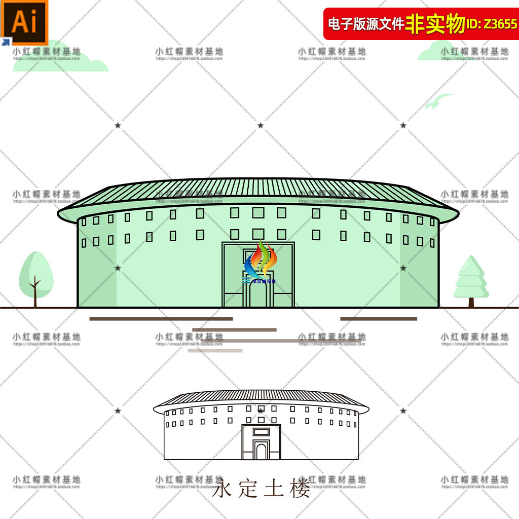 龙岩永定土楼地标建筑矢量剪影福建永定土楼建筑线稿手绘插画素材