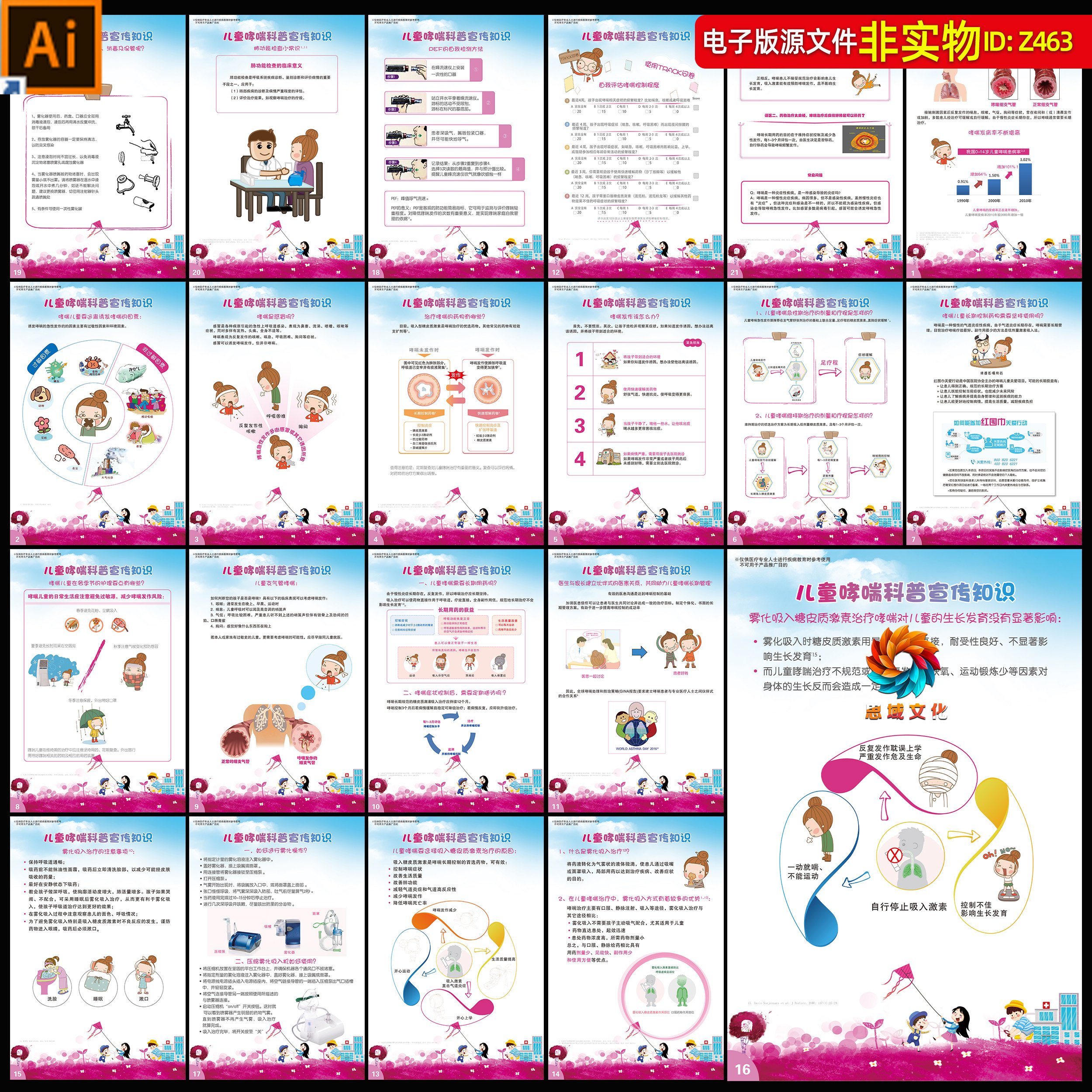 儿童哮喘海报医院展板哮喘预防挂图健康科普知识卡通AI素材模板