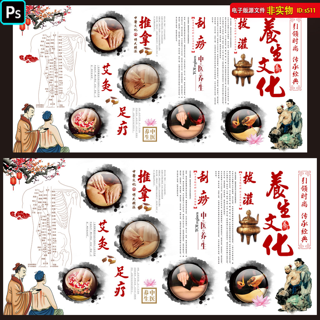 中医艾灸推拿养生挂图挂画养生堂中医馆文化展板养生海报PS素材